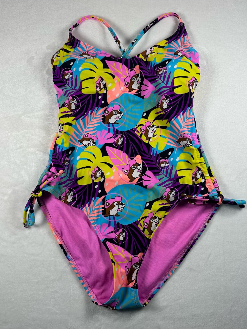 Girls' Tropical Cartoon One-Piece Swimsuit - Purple Multi